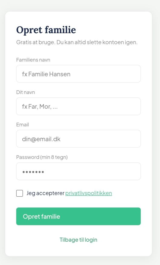 Opret konto-skærmen i Planmagi